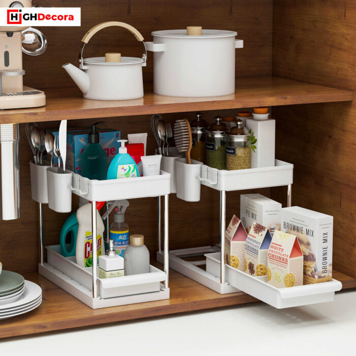 White 2 Tier Sliding Under Sink Storage Organiser Rack - Render 1