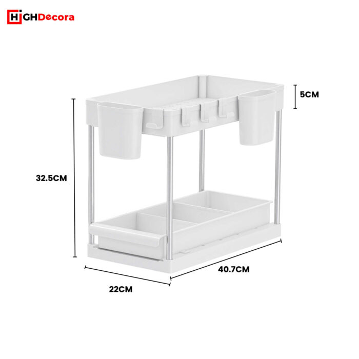 White 2 Tier Sliding Under Sink Storage Organiser Rack - Size