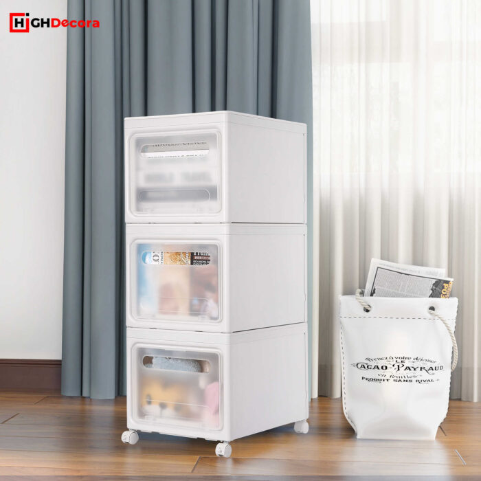 White Wheeled Stackable Storage Boxes With Lids - Render 1